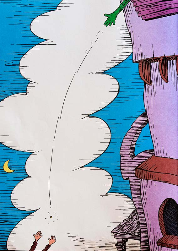 An illustration from The Lorax showing a tall factory-like structure and a large plume of smoke