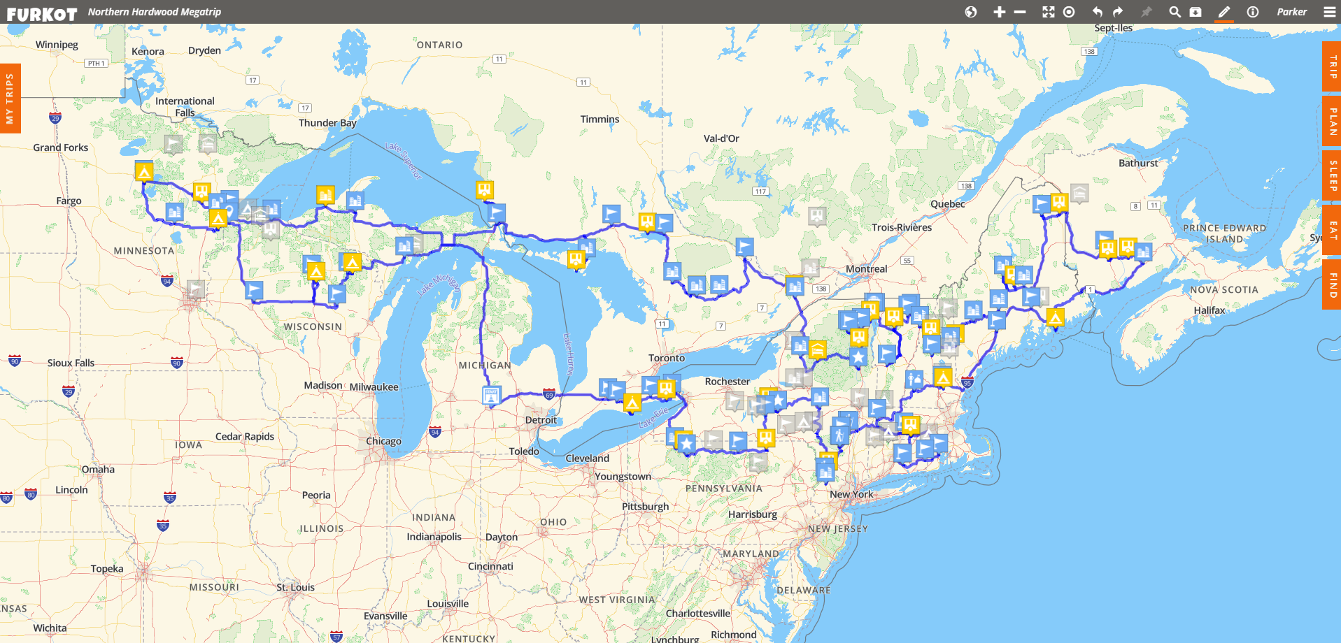 Working route map for the Northern Hardwood Megatrip across the Lake States, Northeast, Ontario, and New Brunswick