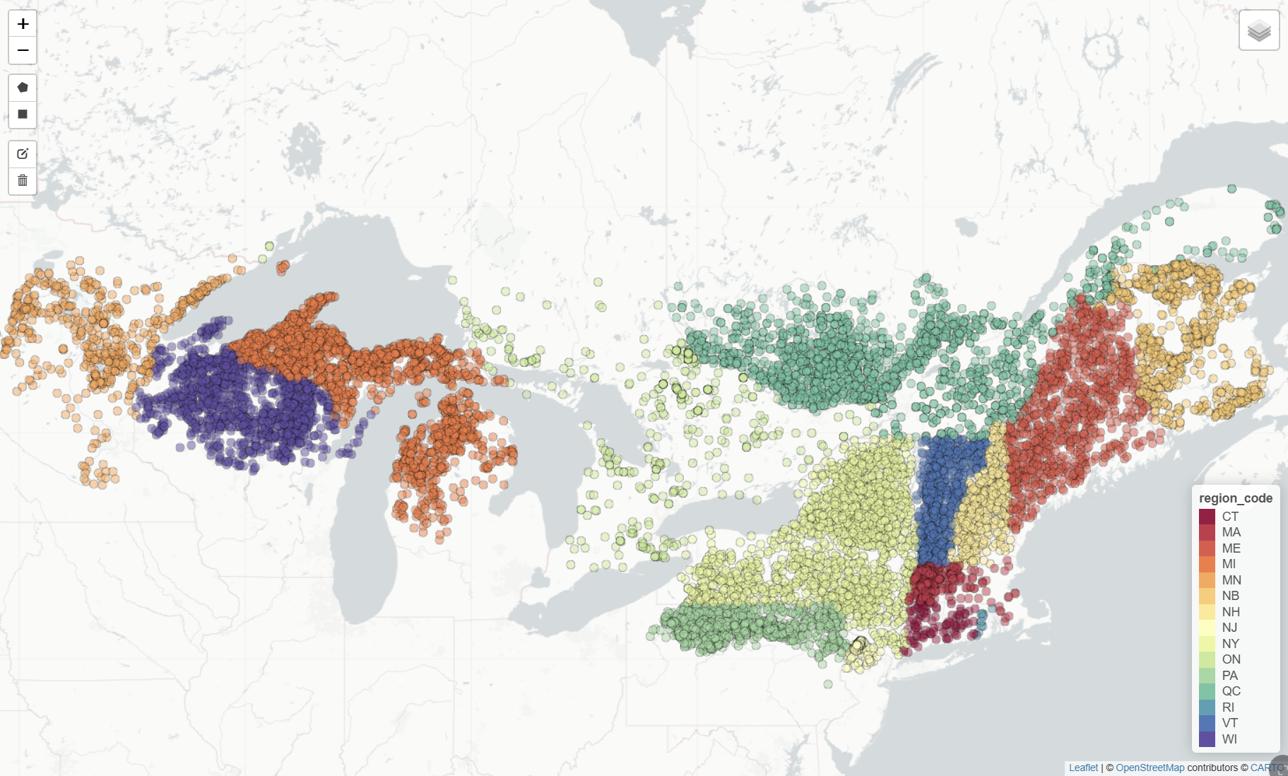 Map of northern hardwood plot point locations across the project region with state and province region codes