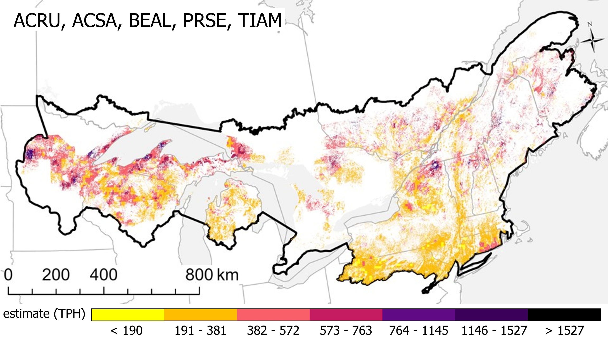 Map showing range-wide northern hardwood regeneration patterns across the Lake States, Northeast, Ontario, Quebec, and New Brunswick